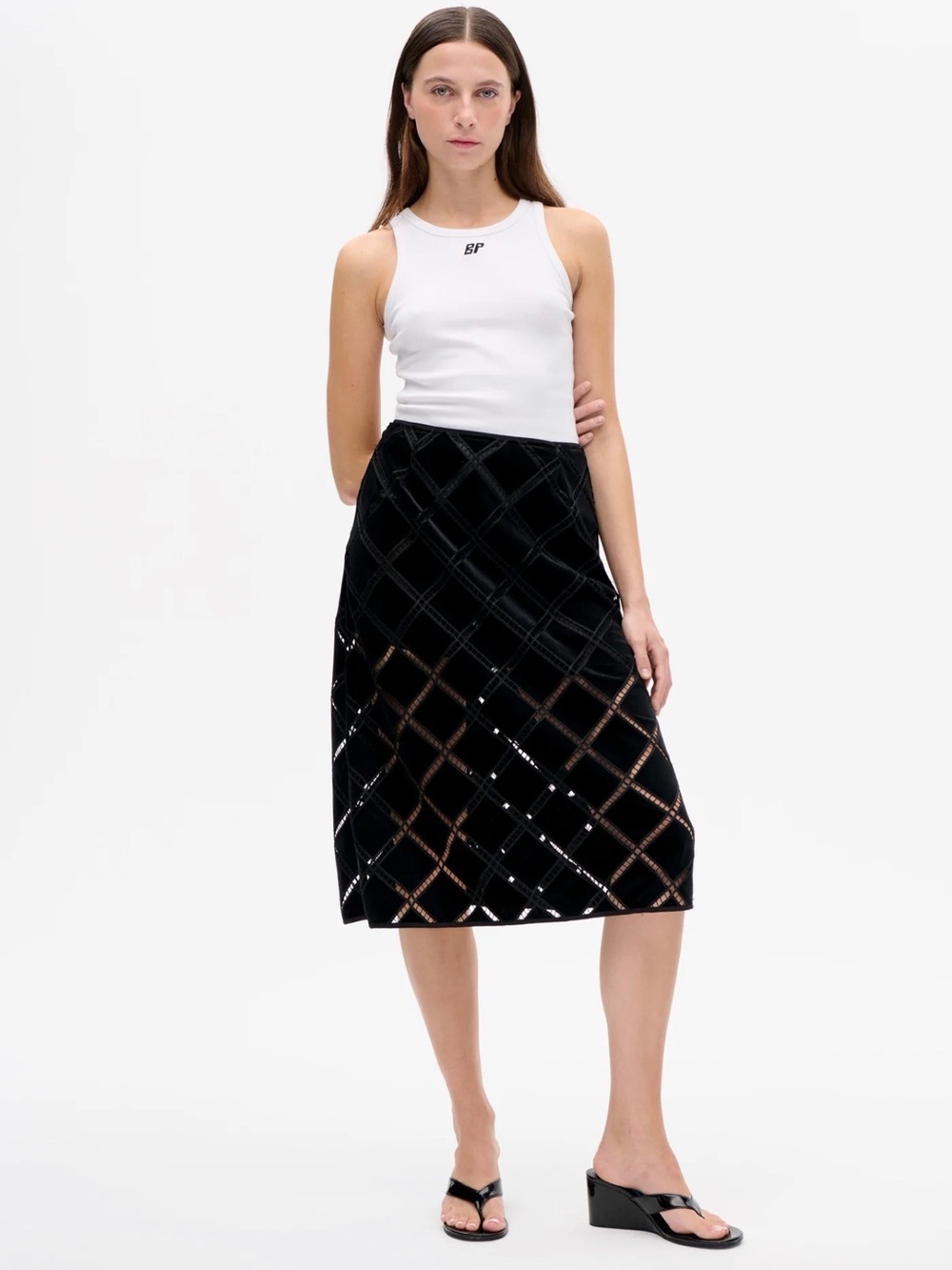 Baum und pferdgarten Black Velvet Lattice Midi Skirt sheer fabric NWT